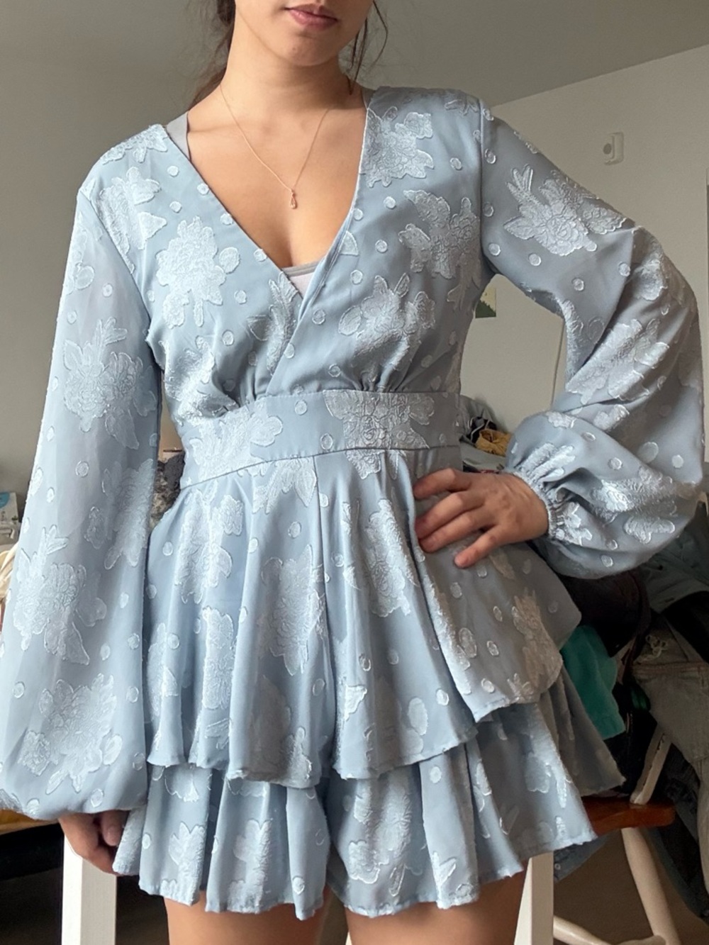 Francesca's Collections Powder Blue Floral Ruffle Mini Dress